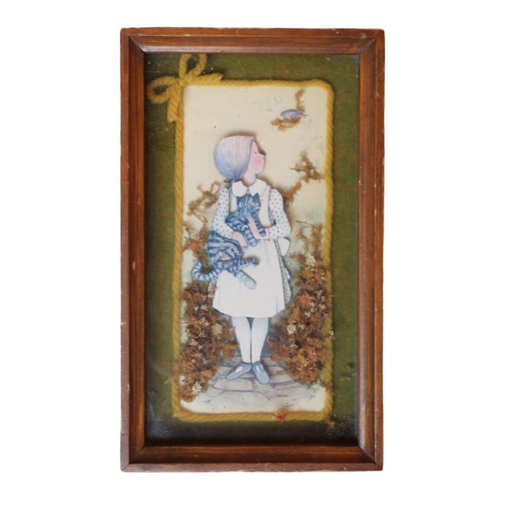 Vintage 1970's 3D wooden frame girl with a cat bird nature wall hanging collage